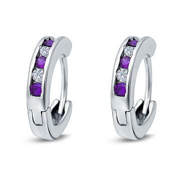Eternity Huggie Hoop Earrings Channel Round Simulated Amethyst Cubic Zirconia 925 Sterling Silver